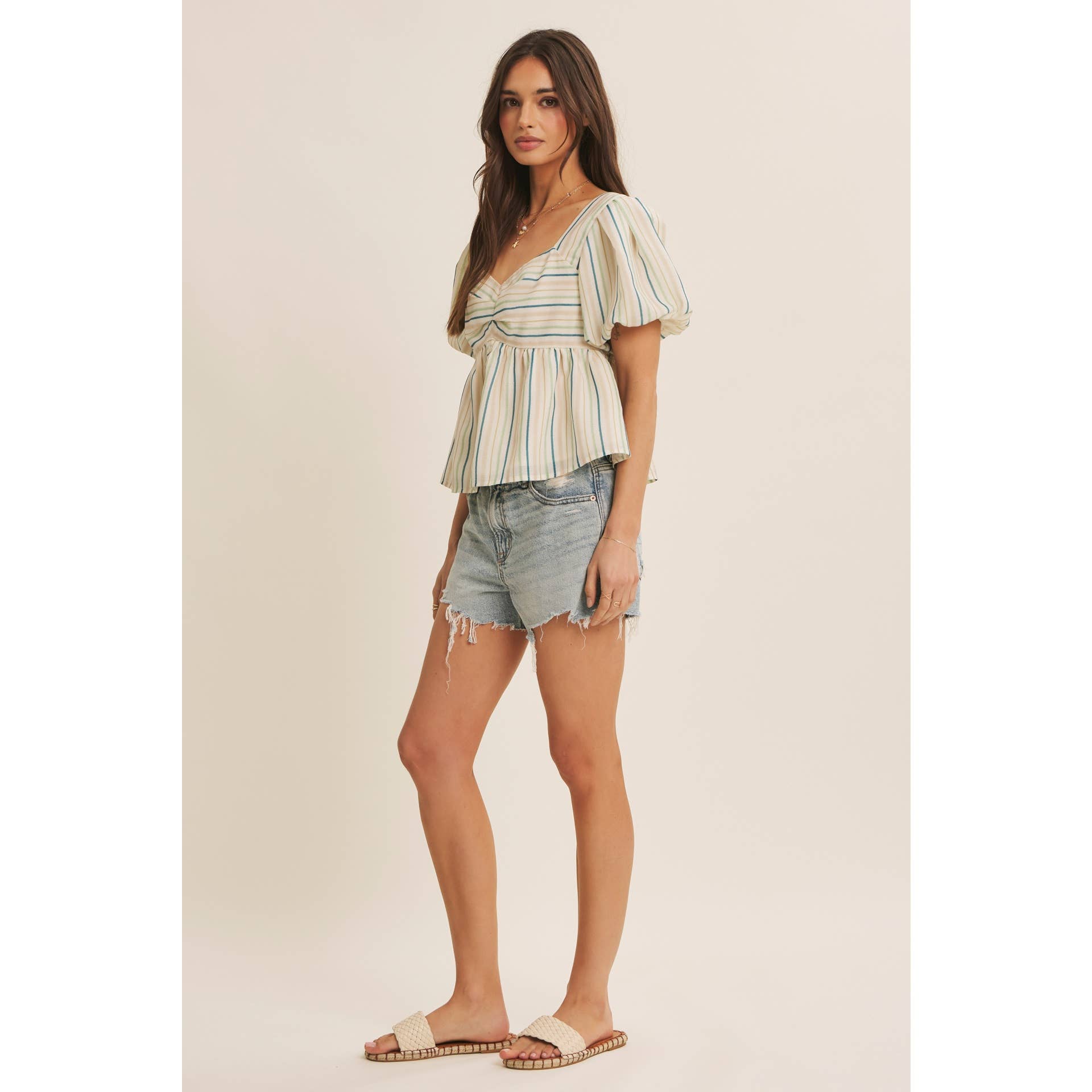 MULTI COLOR STRIPED BUBBLE SLEEVES BABYDOLL TOP
