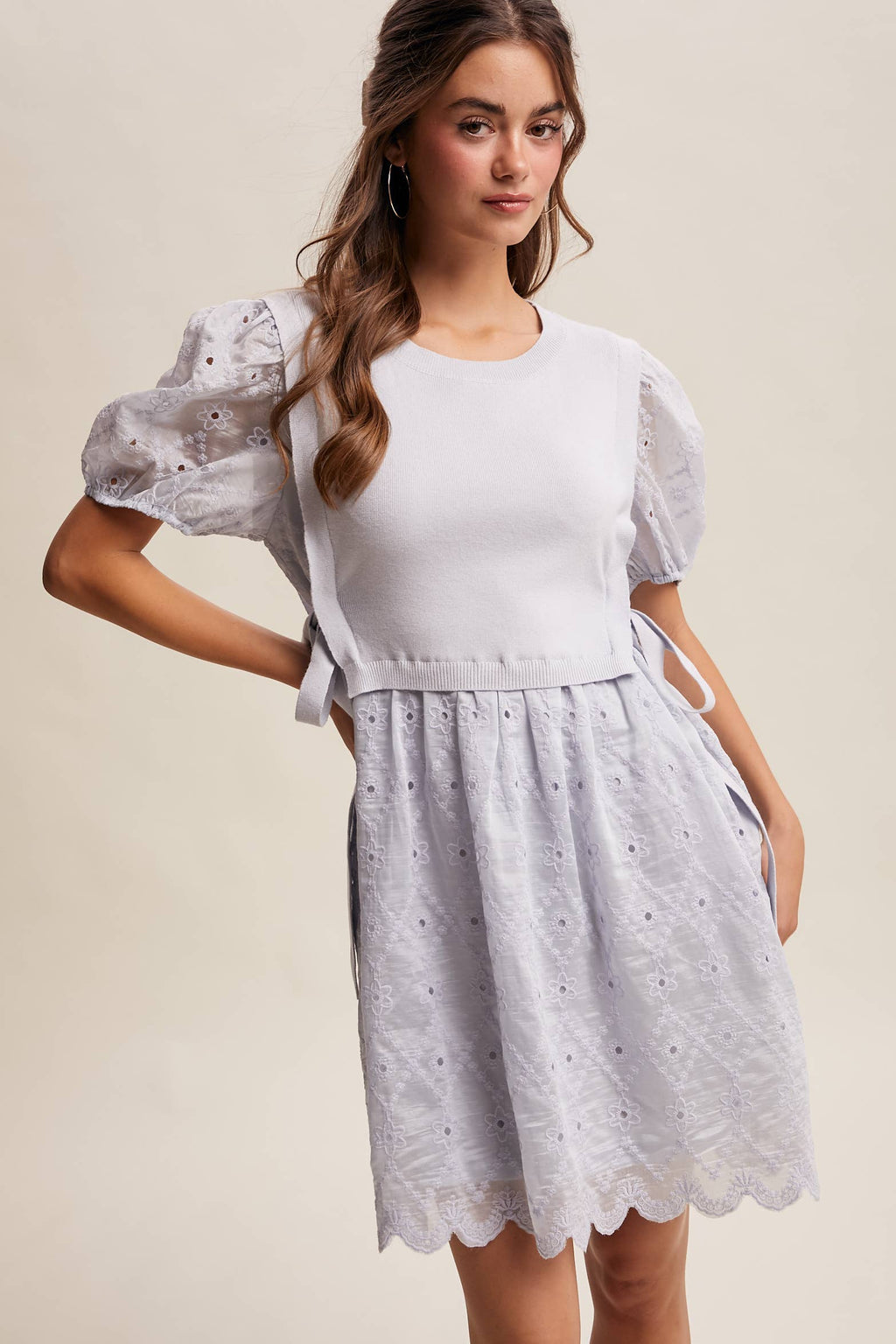 Embroidered Puff Sleeve Dress with Knit Vest LD1522