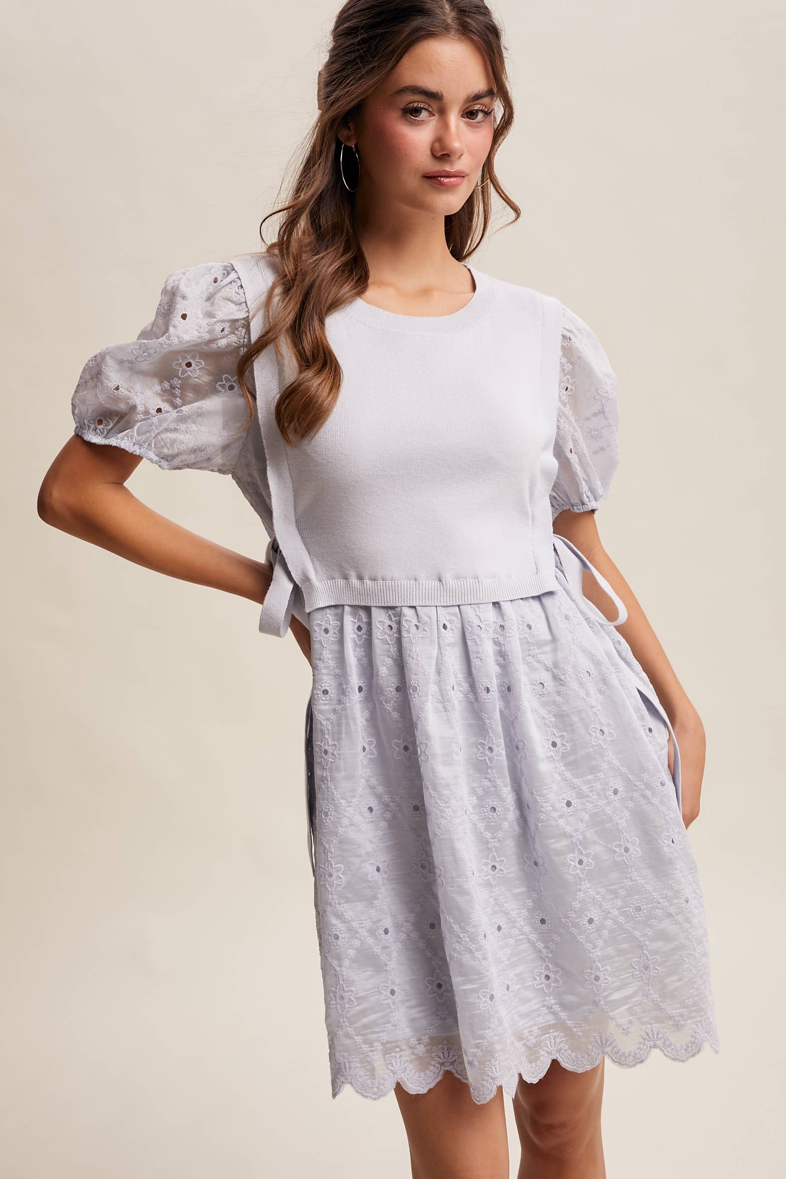 Embroidered Puff Sleeve Dress with Knit Vest LD1522