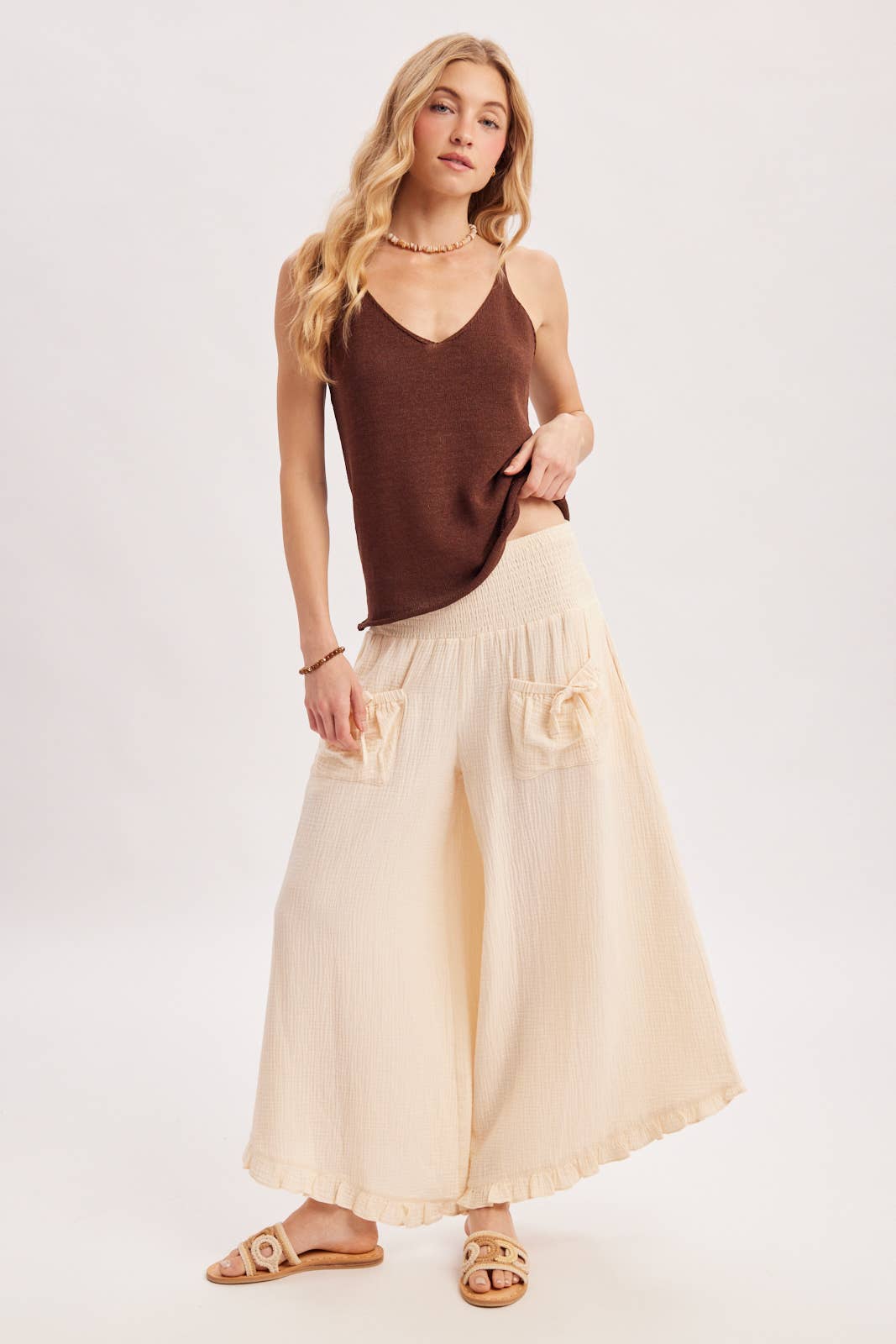 SMOCKED WAISTBAND RUFFLE TRIM WIDE LEG PANTS