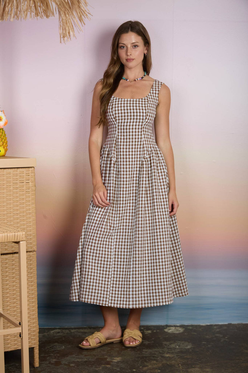 PLAID BASQUE WAIST SLEEVELESS MIDI DRESS