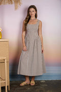 PLAID BASQUE WAIST SLEEVELESS MIDI DRESS
