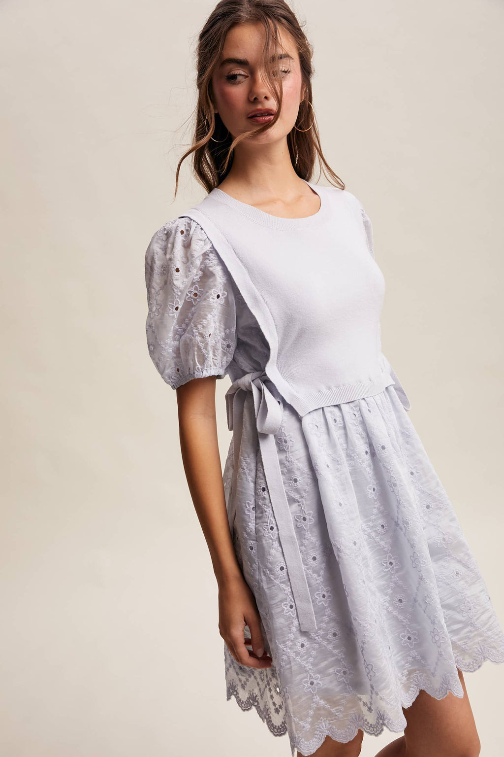Embroidered Puff Sleeve Dress with Knit Vest LD1522