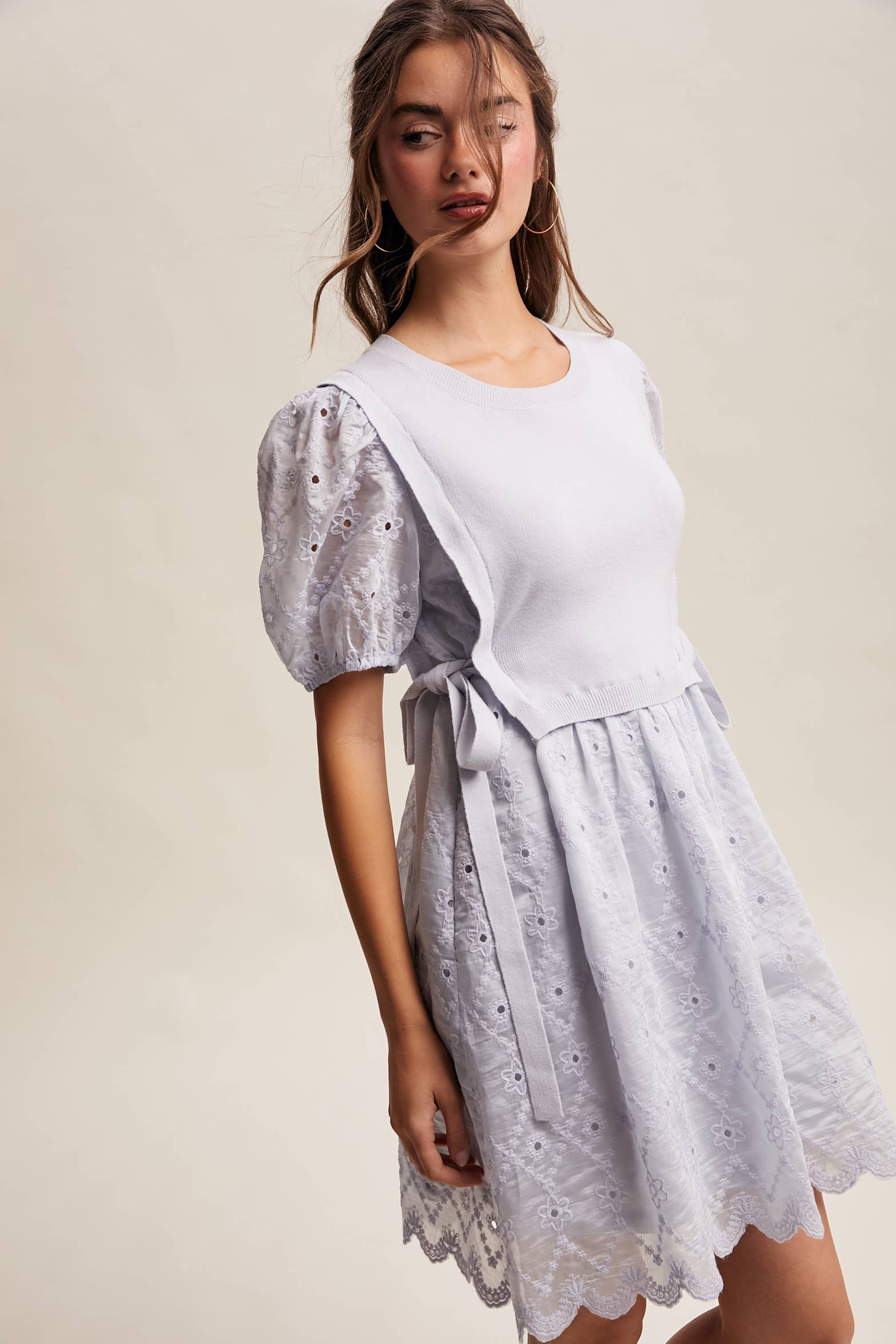 Embroidered Puff Sleeve Dress with Knit Vest LD1522