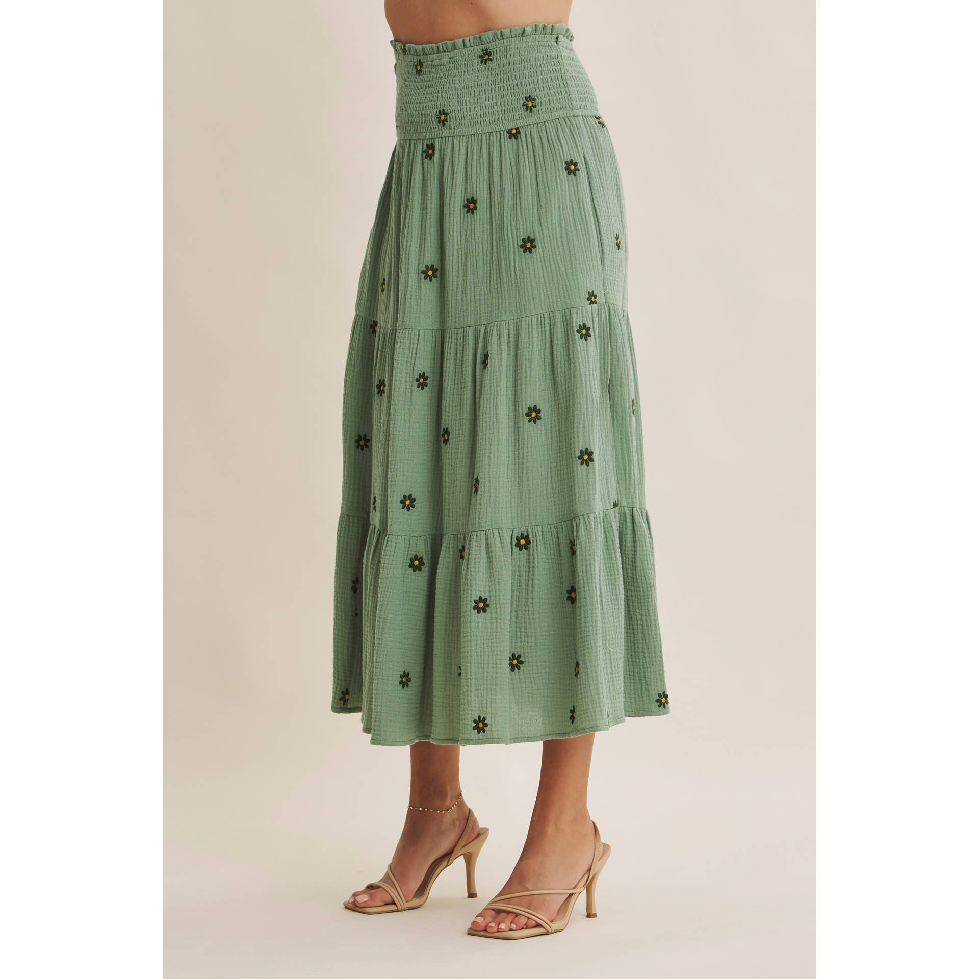 SUNSET FIELD EMBROIDERED COTTON GAUZE SMOCKED MIDI SKIRTS