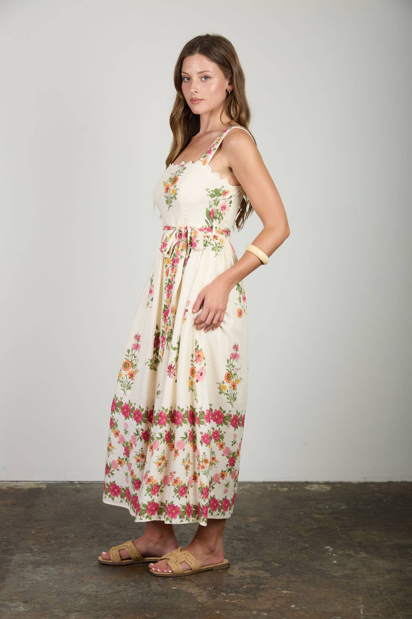 FLORAL BORDER PATTERN BELT STRAP MIDI DRESS