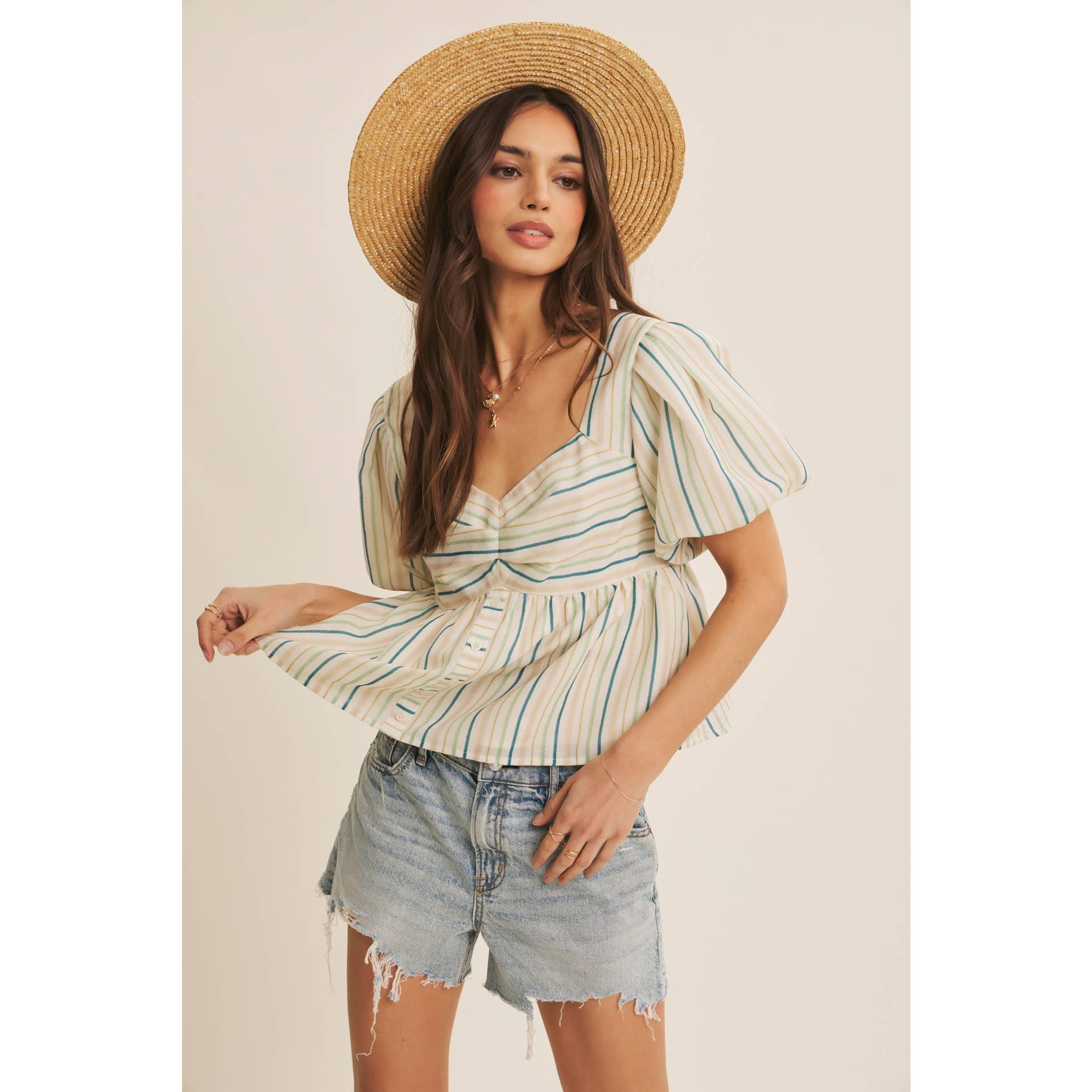 MULTI COLOR STRIPED BUBBLE SLEEVES BABYDOLL TOP