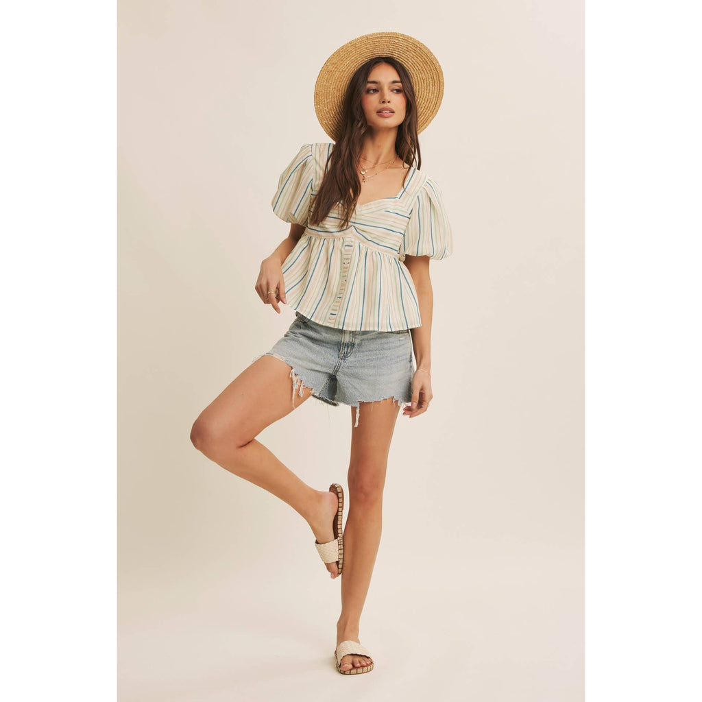 MULTI COLOR STRIPED BUBBLE SLEEVES BABYDOLL TOP