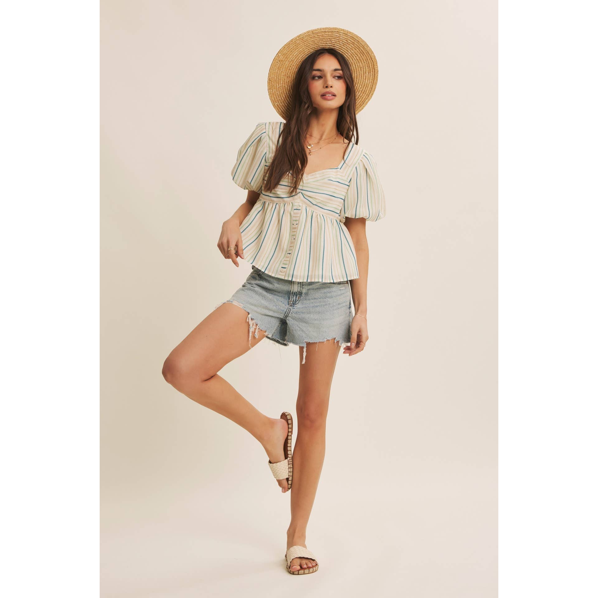 MULTI COLOR STRIPED BUBBLE SLEEVES BABYDOLL TOP