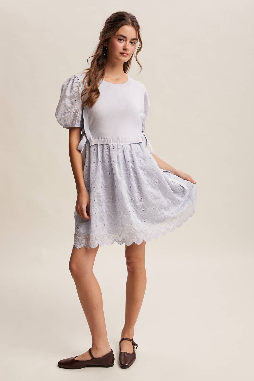 Embroidered Puff Sleeve Dress with Knit Vest LD1522