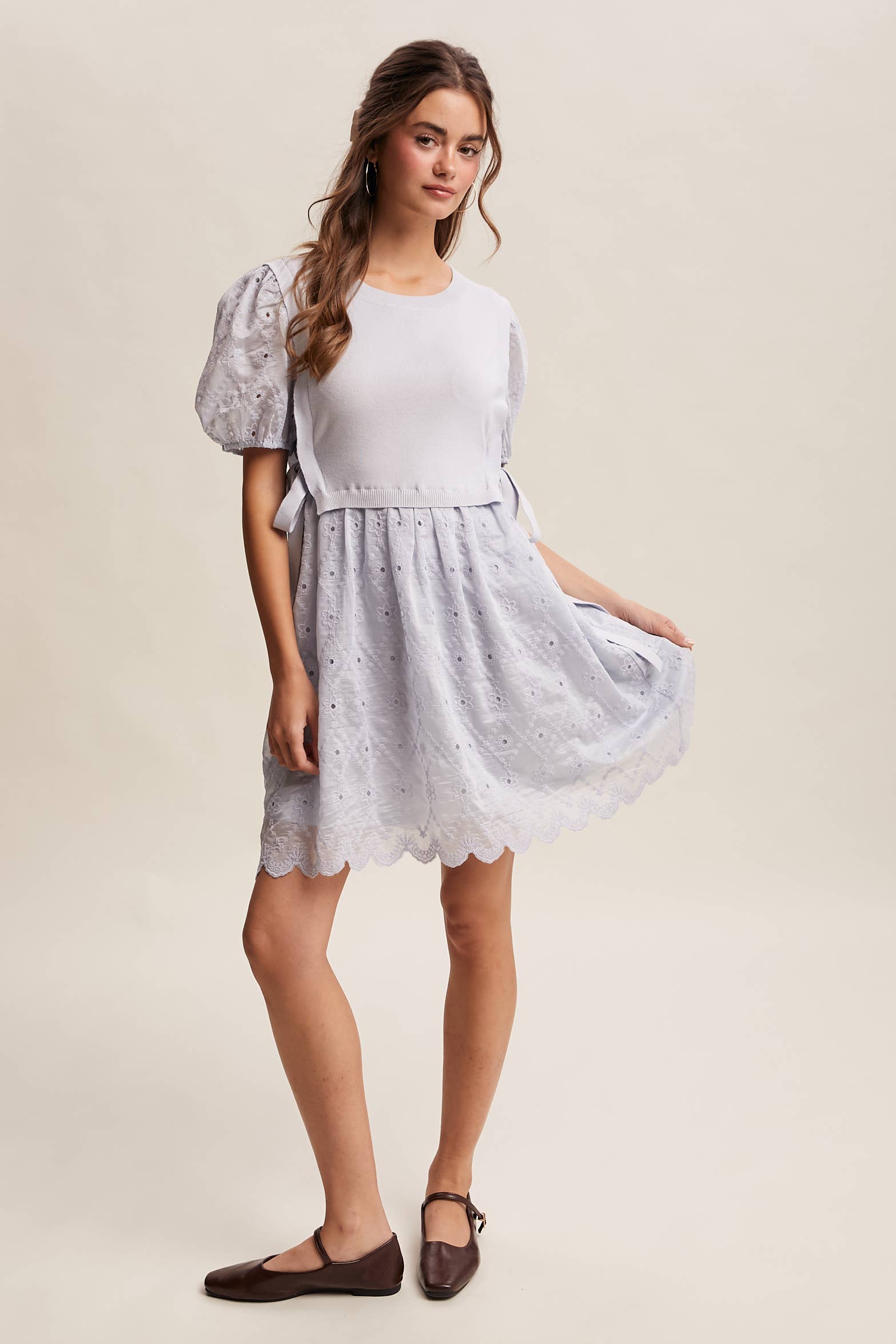Embroidered Puff Sleeve Dress with Knit Vest LD1522